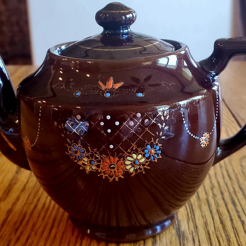 Vintage Moriage Redware Pottery "Brown Betty" 2 Cup Teapot w/Floral Design